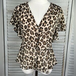 MANGO Leopard Print Button Front V Neck Blouse Flutter Sleeves and Hem-4